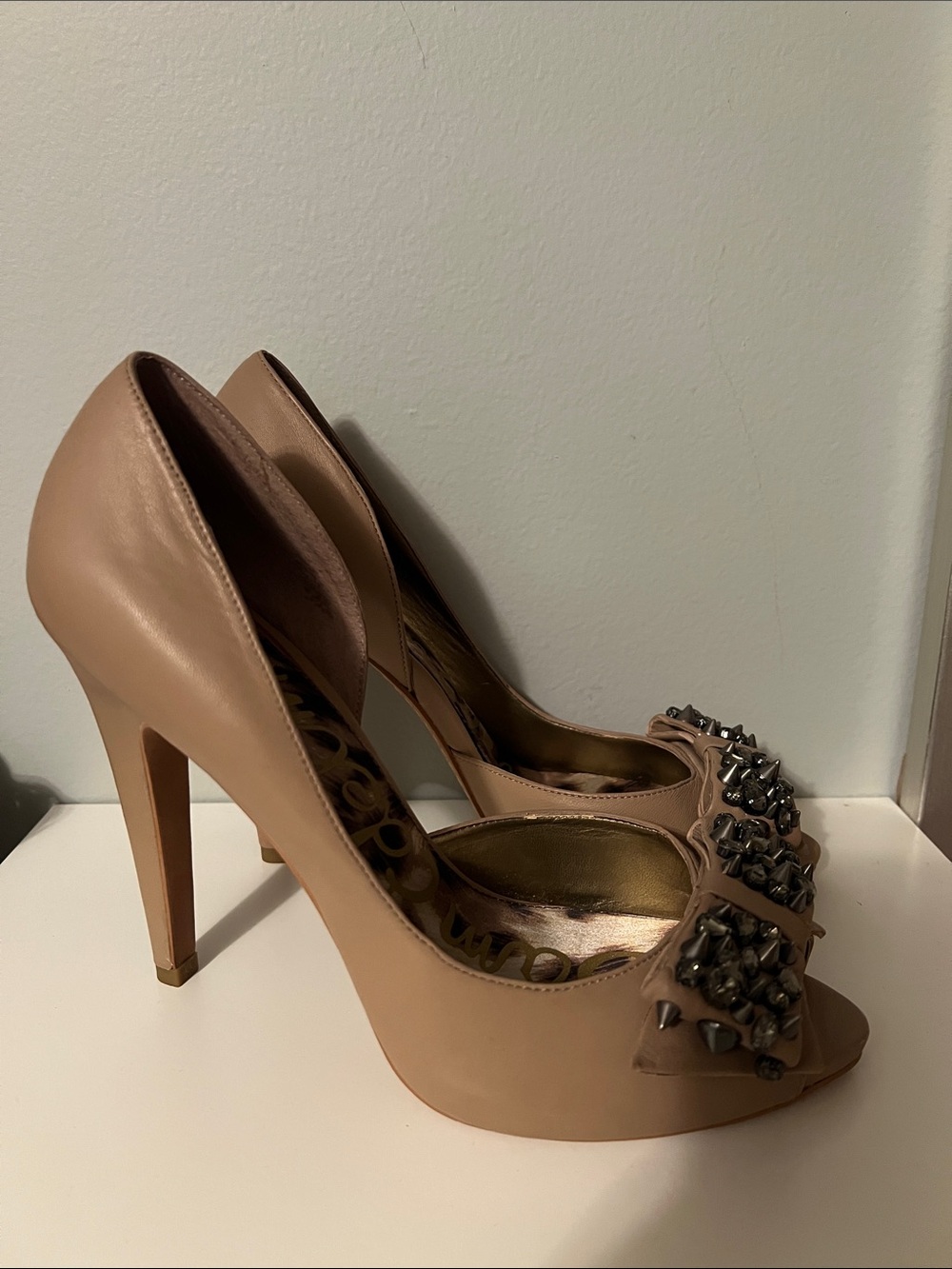 Sam Edelman Nude Peep-Toe Heels with Stud/Crystal Accents - Size 10